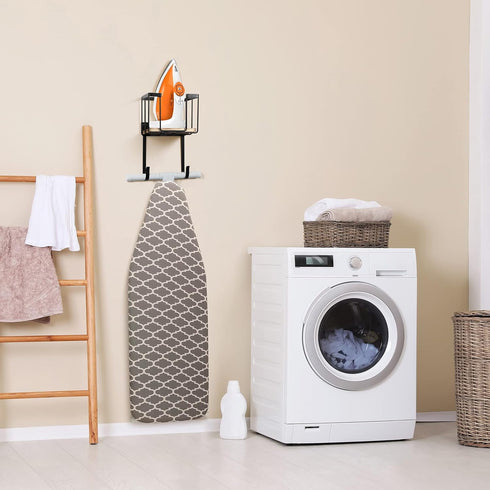 Wall Mount/Over The Door Ironing Board Holder, Large Storage Basket, Black, Laundry Room Iron and Board Storage