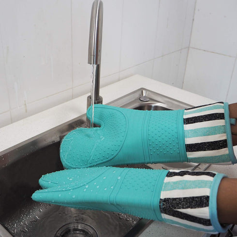 RED LMLDETA Heat Resistant 550 Degree Oven Mitt, Silicone Hot Mitts - 1 Pair, Extra Long (Blue Mittens)