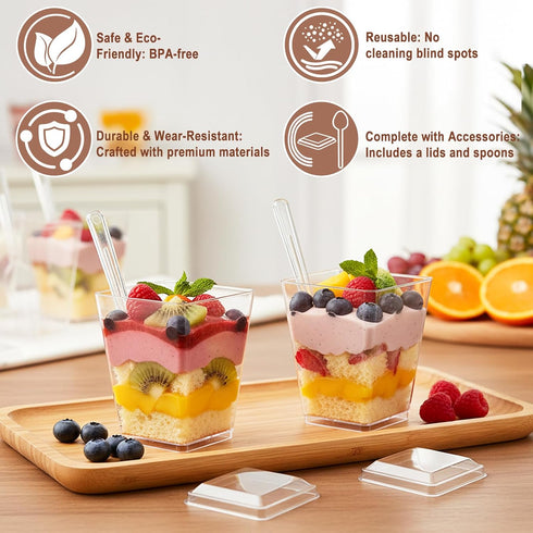 200 5 oz Pcs Clear Plastic Dessert Cups with Lids & Spoons, Reusable Parfait & Appetizer Cups, Mini Dessert Shooters