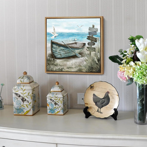 Framed Beach Décor Canvas Picture - Coastal Ocean Artwork with Sea Bird Boat for Bathroom Bedroom Living Room