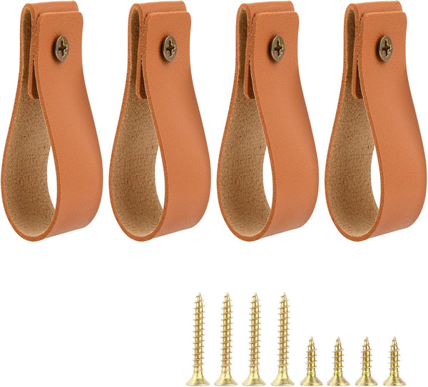Cosmos 4 Pcs Leather Wall Hooks, Hanging Strap for Curtain Rod Holder, Drawer Pulls, Wall Mounted Hanger with Screws