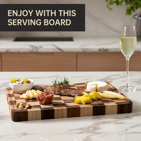 16" 11" 1.4" Checkered Cutting Boards for Kitchen, Acacia Wooden Chopping Board with Juice Grooves & Handles, Thickened