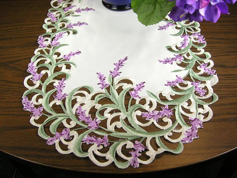 BANBERRY DESIGNS Embroidered Table Runner, Lavender Lilac Flowers on Cream, Approx. 14 by 34 Inch
