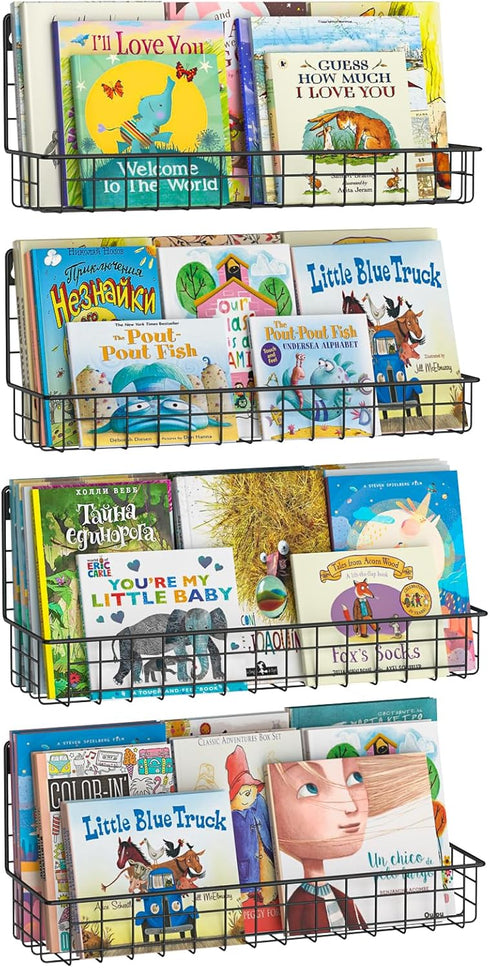 X-cosrack 4-Pack Wall Mounted Metal Kids Bookshelf, Floating Book Shelves for Kids Nursery