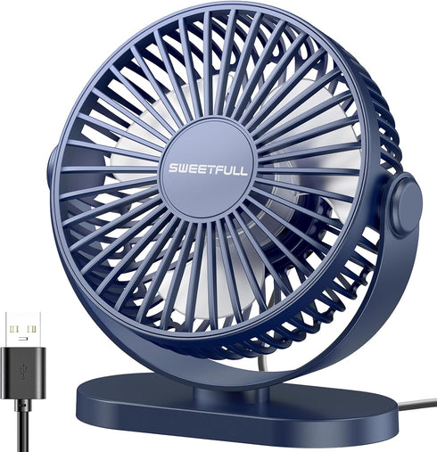 SWEETFULL USB Desk Fan, Small Quiet 3 Speeds Mini Portable Fan, 5 Inch 360° Rotation for Office Desktop (Blue)