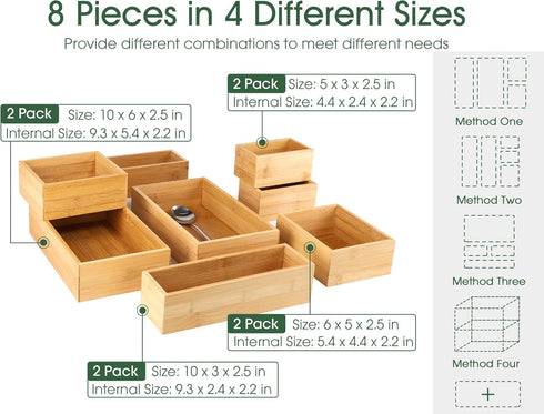 Kootek 8 Pcs Bamboo Drawer Organizer, Versatile Kitchen Storage Box with 4-Size Dividers for Cutlery and Utensils