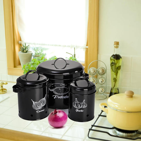 3 Pack Set, Frcctre Vegetable Storage Tins, Potato Onion Garlic Storage Canister Black Metal Kitchen Vegetable Keeper
