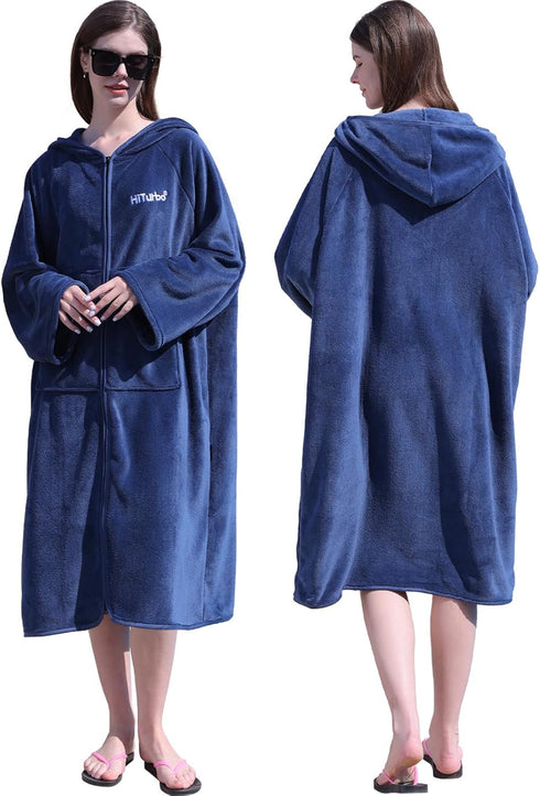 Hiturbo Surf Poncho Zipper Towel Hoodie: Oversized Hooded Wetsuit Changing Robe with