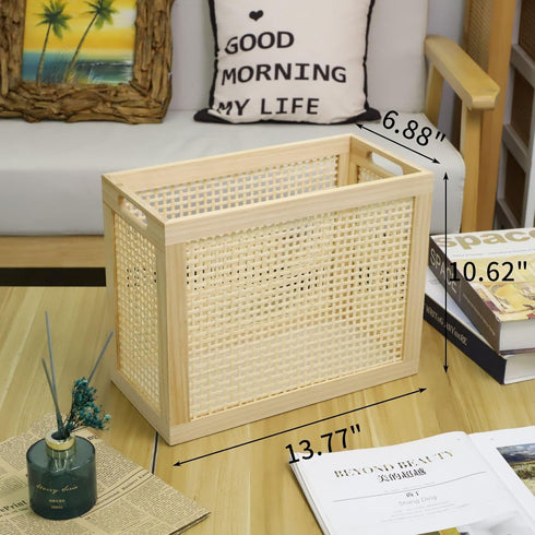 Wood Magazine Holder with Jute Rope Handles, Handcrafted Bamboo Toilet Roll Holder, Wicker Magazine Storage Organizer