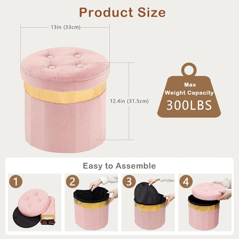 Room13x13x12.4(Pink,1pcs) xuperbonus Small Ottoman with Storage,Folding Round Ottoman with Gold Trim,Velvet Storage