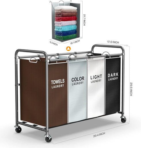 ROMOON 4 Section Laundry Sorter with Wheels, Rolling Hamper, Large Capacity Removable Bags