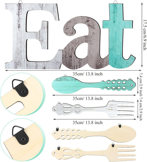 Jetec Set of Eat Sign, Cute Fork and Spoon Wall Decor, Rustic Wood Decorative Hanging Letters for Kitchen Home