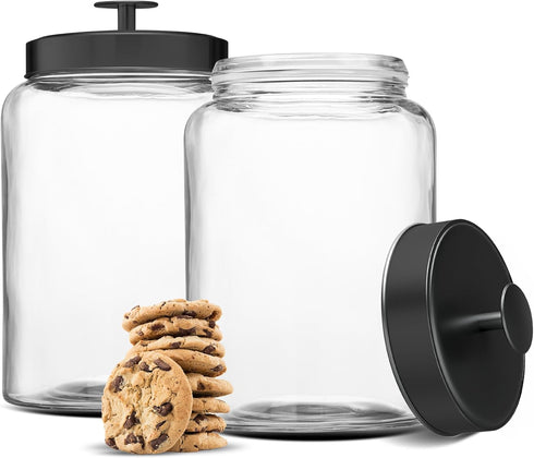 KooK Glass Storage Containers with Lids, 1 Gallon, Set of 2, Black Circular Glass Jars for Kitchen Storage