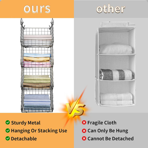 X-cosrack 4 Tier Closet Hanging Organizer, Clothes Shelves with 5 S Hooks, Wire Storage Bins for Clothing Accessories
