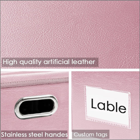 PRANDOM Large Collapsible Storage Box with Lid - 1-Pack Pink Leather Fabric Foldable Organizer Container for Home,