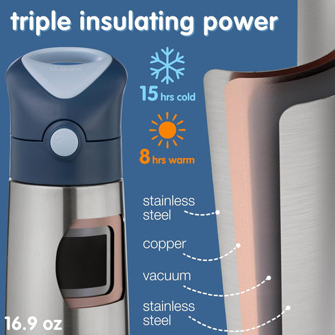 17 oz 15 b.box Insulated Water Bottle - Kids Water Bottle Stainless Steel w/Free Flow Silicone Straw, Keeps Drinks Cold