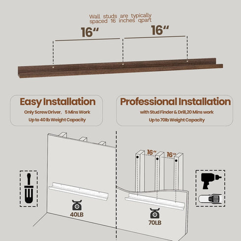 Heimlove Shelf,48 inch Set 2,Picture Picture Ledge Long Floating Shelves for Wall of Shelf with Lip for Wall