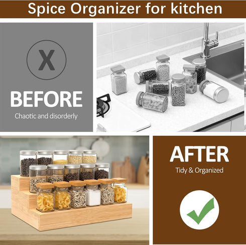 2 Pack Countertop Spice Rack Riser for Cabinet, Bamboo Spice Organizer Display Shelf for Kitchen
