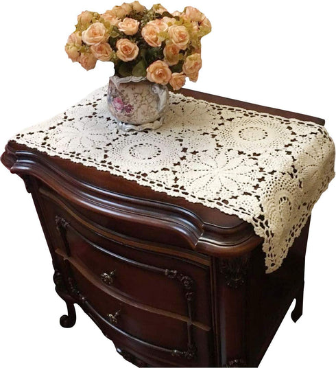 USTIDE 2pc Rustic Floral Table Runner Hand Crochet Placemats, 15 x 31 Inches, Beige Cotton Doilies Runners