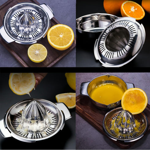 Citrus Juicer Manual Squeezer, 304 Stainless Steel Robust Hand Juicer Reamer with Strainer & 10oz Bowl, 2 Pour Spouts,
