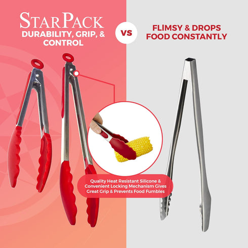 StarPack Premium Silicone Kitchen Tongs Set of 2 (9-Inch & 12-Inch) - Stainless Steel with Non-Stick Silicone Tips, High Heat Resistant to 480°F, For Cooking, Serving, Grill, BBQ & Salad (Cherry Red) by StarPack Home