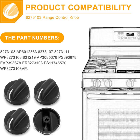 AMI PARTS 8273103 Gas Range Stove Knobs, Fit for Whirlpool, 4-Pack, Black
