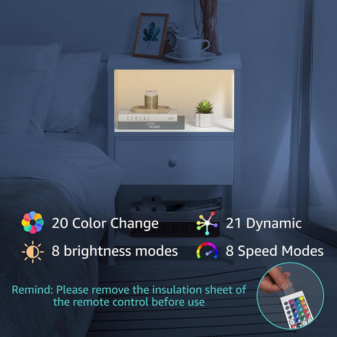 BOLUO White Nightstand with Charging Station, LED Night Stand with Fabric Drawers and Shelf, Bedside Table with USB