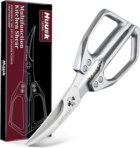 Huusk Seafood Scissors Silver - Stainless Steel Kitchen Shears Dishwasher Safe, Sharp