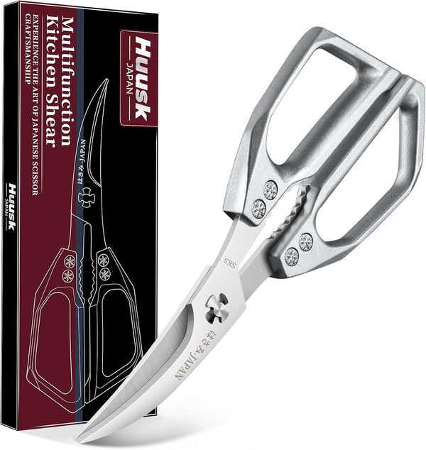 Huusk Seafood Scissors Silver - Stainless Steel Kitchen Shears Dishwasher Safe, Sharp