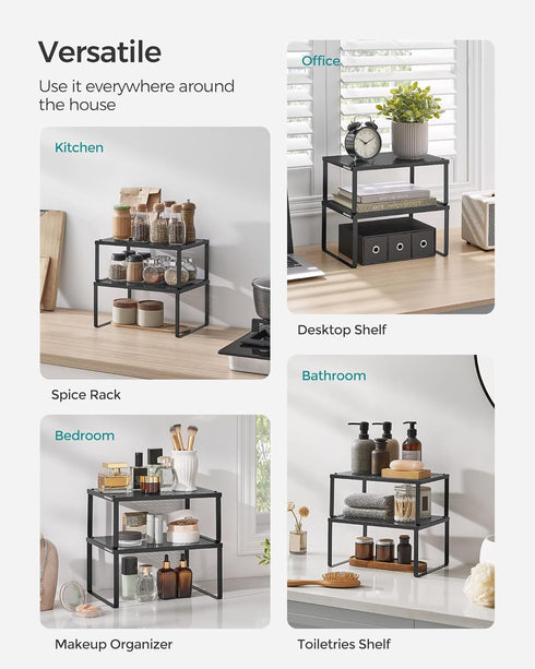 SONGMICS Spice Rack - Cabinet Shelf Organizers, Stackable and Expandable Set of 2 Metal Kitchen Counter Shelves, Ink