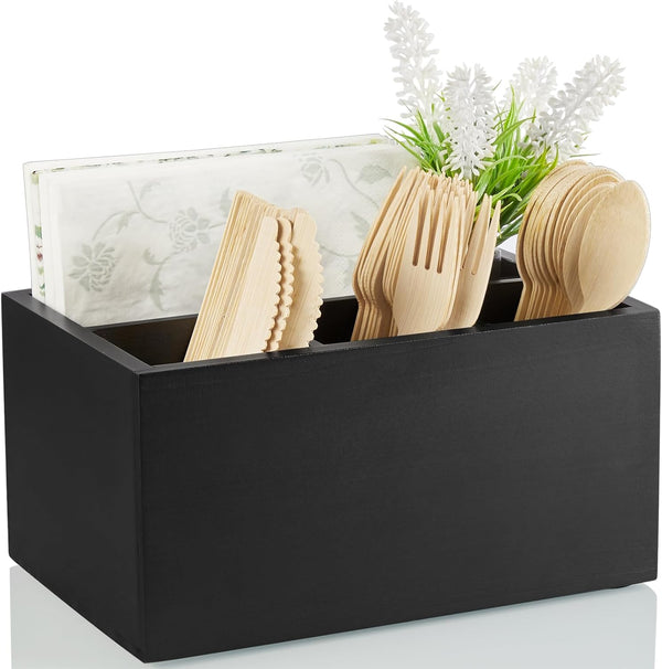 Wooden Utensil Holder, Silverware Caddy, Black Picnic Cutlery Holder, Plastic Silverware Caddy for Party, Camping,