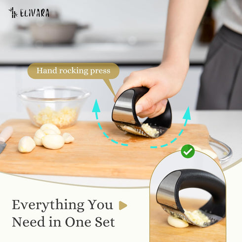 ELIVARA Set Stainless Steel Garlic Press Rocker (Black) - Includes Silicone Peeler and Cleaning Brush for Effortless