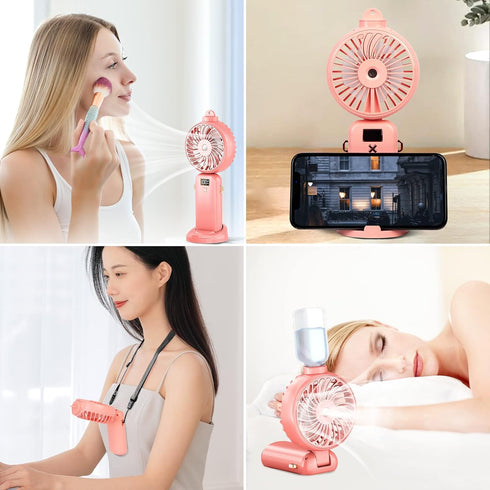 Handheld Fan Portable Misting Fan, Rechargeable Personal Mister with 5 Speeds, 3000mAh Battery, Pink