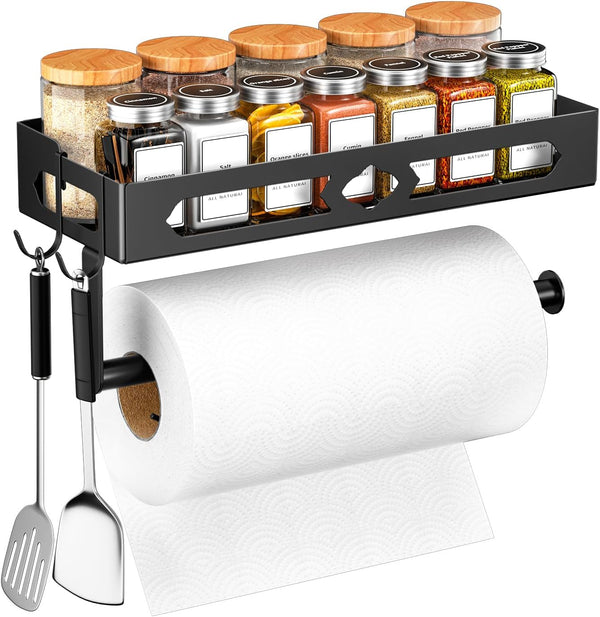 Paper Towel Holder with Shelf, Kitchen/Bathroom Paper Holder, Spice Rack with 2 Hooks, Self-Adhesive & Drilling