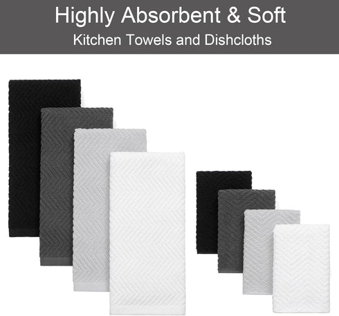 QAJ 100% Set, Pack 8 16" 25" 13" 13" (400 Cotton Kitchen Towels and Dishcloths of Super Absorbent x Kitchen Towels
