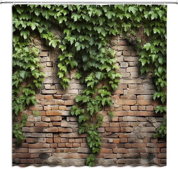 Green Leaves Shower Curtain, Rustic Country Brick Wall Garden Landscape Nature Plant, Creative Bathroom Decor with Hooks