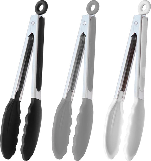 9-Inch Silicone Serving Tongs, Set of 3, Black, White, Gray