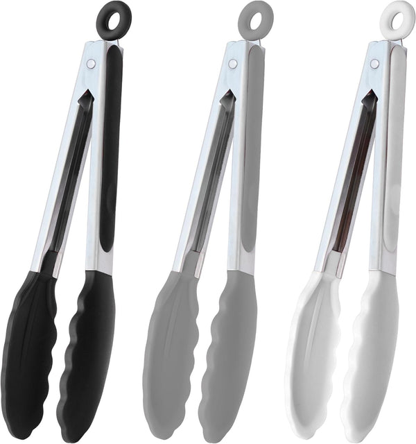 9-Inch Silicone Serving Tongs, Set of 3, Black, White, Gray