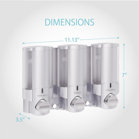 Better Living Aviva 3 Chamber Shower Dispenser, Wall Mount, 3 x 11 oz, Satin Silver, No Drill