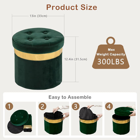 Room13x13x12.4(Green,1pcs) xuperbonus Small Ottoman with Storage,Folding Round Ottoman with Gold Trim,Velvet Storage
