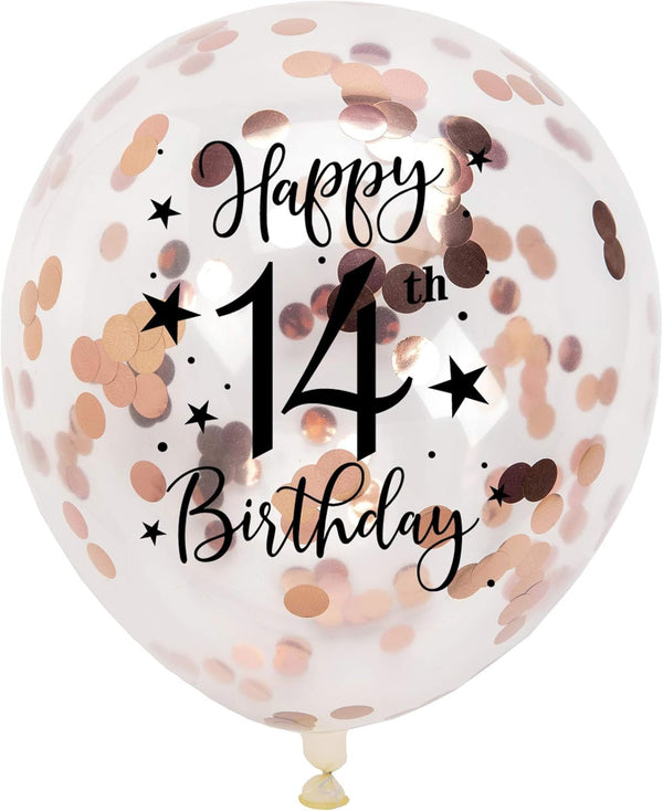 Rose Gold 14th Birthday Party Confetti Latex Balloons, 12in, 16 Pack, Girls Happy 14 Years Decoration