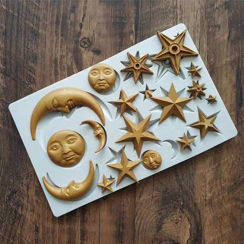 Moon Stars Sun Face Silicone Fondant Mold, Chocolate Candy Gumpaste Tool for Cake Decorating, Epoxy Resin DIY