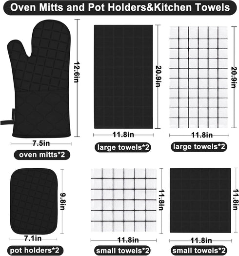 Oven Mitts Kitchen Towels and Dishcloths Pot Holders Sets, Oven Gloves Kitchen Dish Towels 500 Degree Heat Resistant Potholders with Non-Slip Silicone Surface for Cooking, Grilling, Baking-Black by BSKSSK