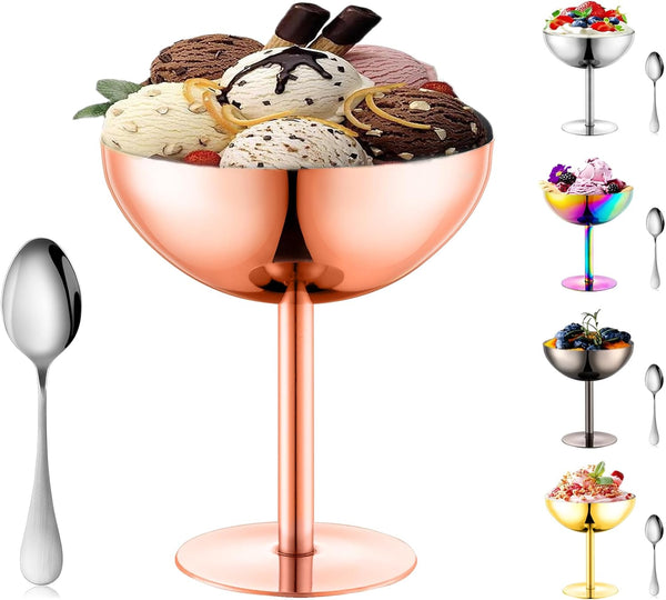Ice Cream Bowls Stainless Steel Dessert Cups with Spoons Reusable Footed Sundae