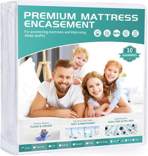 Twin Waterproof Mattress Protector, Zippered Encasement Cover Fits 9-12" Deep, Soft Terry Top Fabric