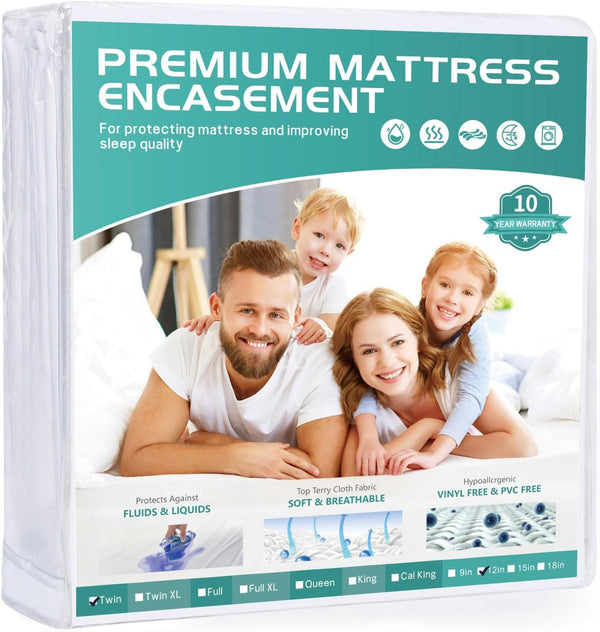 Twin Waterproof Mattress Protector, Zippered Encasement Cover Fits 9-12" Deep, Soft Terry Top Fabric