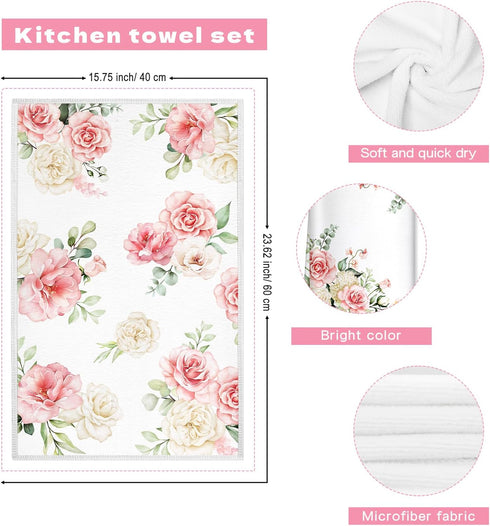 15.7 23.6 Inch, Pink Flower Microfiber Kitchen Towels, Soft Absorbent Watercolor Floral Hand Towel Thick Dish Cloth