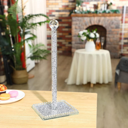 13 Inch Silver Crystal Standing Paper Towel Roll Holder, Square Base Standing Paper Towel Stand with Sparkly Crystal