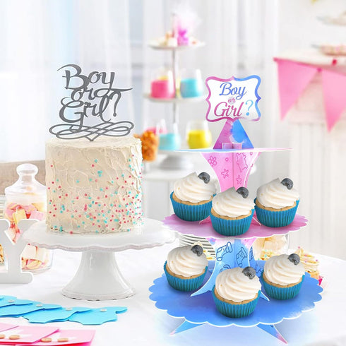 Gender Reveal Cupcake Stand, 3 Tier Cardboard Cake Stand for Blue and Pink Party Decorations