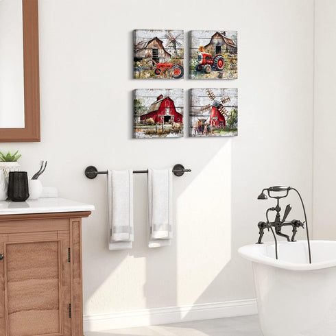 Rustic Farmhouse Wall Art - Red Barn Pictures for Country Kitchen Decor, 12x12" Canvas Prints, 4Pcs